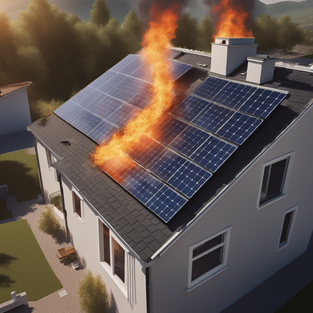 Solar panels on roof of house on fire (AI generated image)